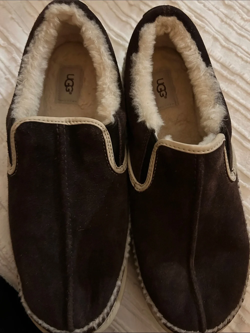 UGG Men's Dark Brown Suede Slip-On Loafers with Cream Shearling